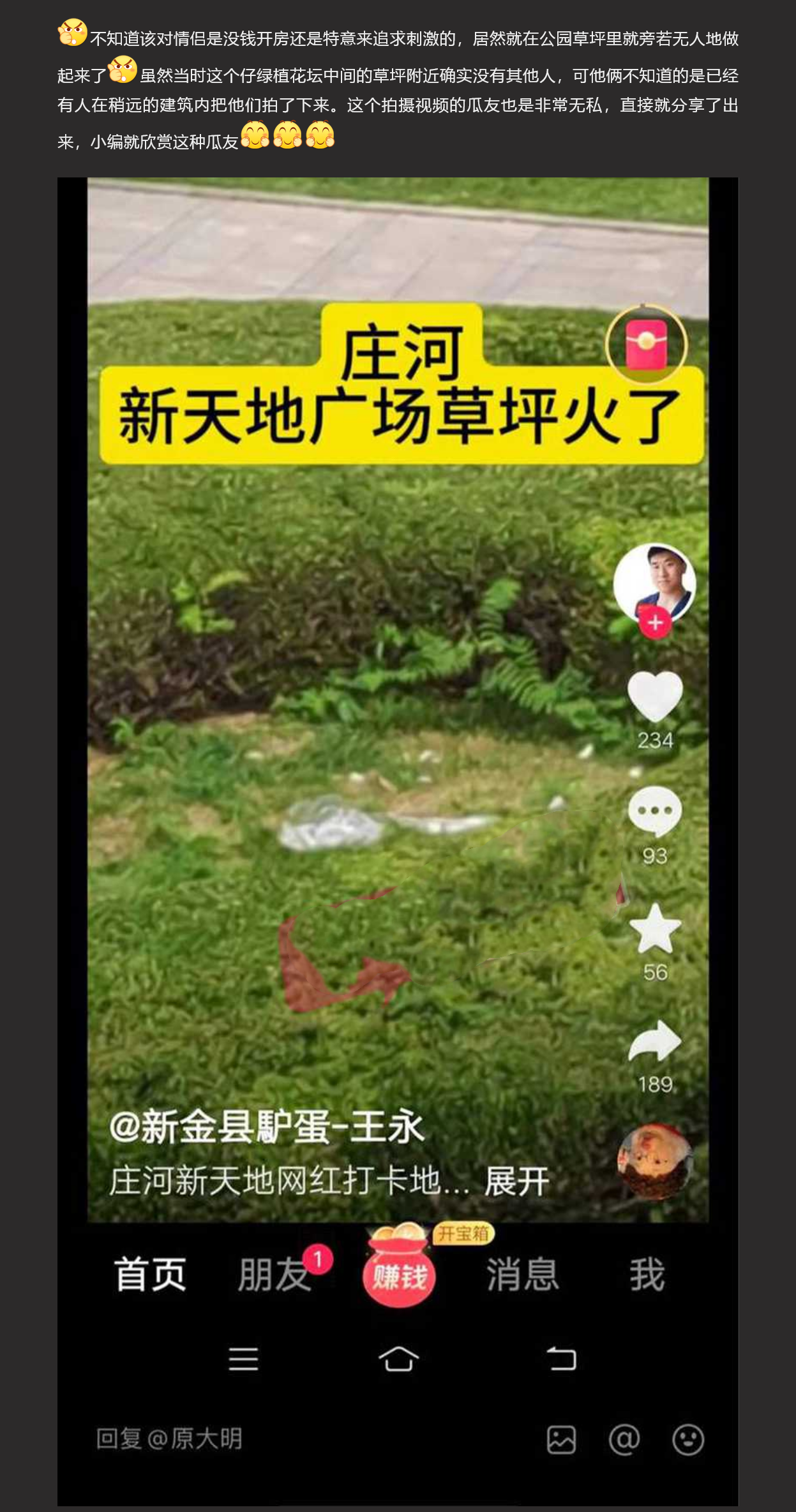 辽宁庄河新天地广场草坪事件 情侣草丛做爱被全方位偷拍 “挡脸干嘛 B 都露了” - 截图2